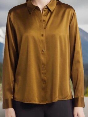 EILEEN FISHER Stretch-Silk Charmeuse Button-Up Shirt Medium Goldleaf gold